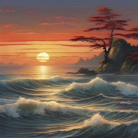 Premium PSD | Traditional Japanese style painting of the Ocean and ...