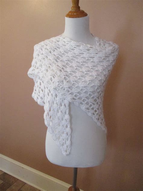 Crocheted White Shawl Trellis And Shell Pattern Triangular