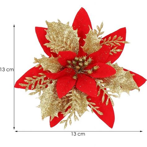 Set 10 Ornamente Pentru Bradul De Craciun Stea Poinsettia 14cm Rosu