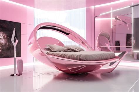 Pink Futuristic Bedroom With Metallic Accents And Floating Bed Stock