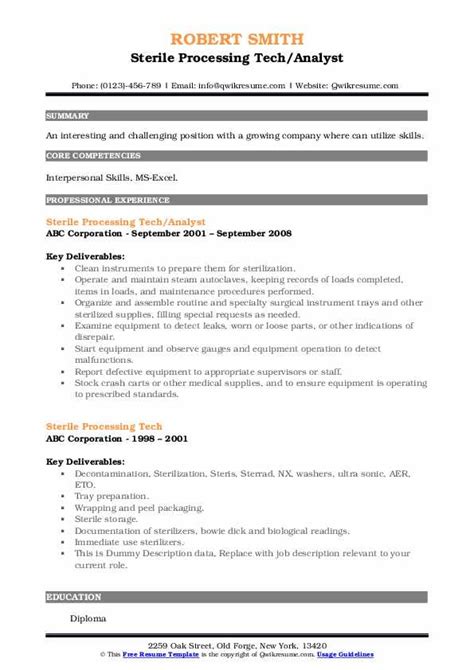 Sterile Processing Technician Resume Samples Qwikresume