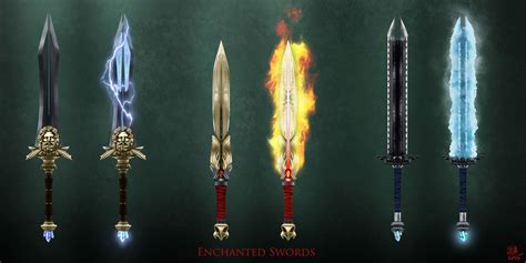 six different types of swords with flames coming out of them