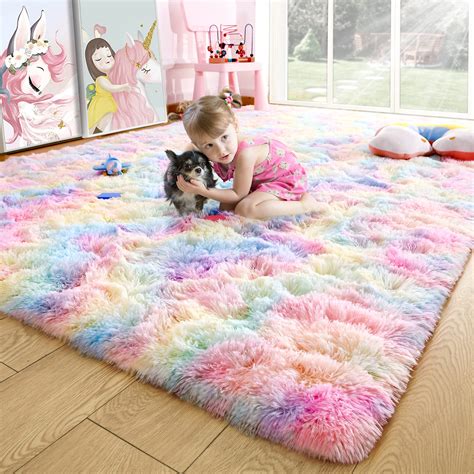 Noahas Fluffy Rainbow Rug For Girls Bedroom Shaggy Area Rugs For Kids