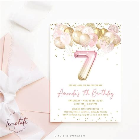 Editable 7th Birthday Invitation Template Gold Pink Glittery Balloons