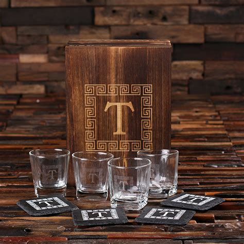 8 Pc Personalized Whiskey Glass And Coaster Set With Wood Box