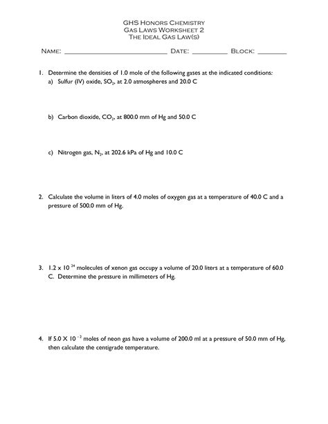 Chemistry Gas Laws Worksheet Answer Key With Work