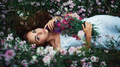 Download Lying Down White Dress Blue Eyes Flower Field Woman Mood Hd