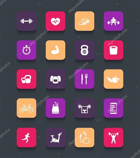 20 Fitness Icons Gym Sport Workout Training Color Rounded Square Icons Vector Illustration