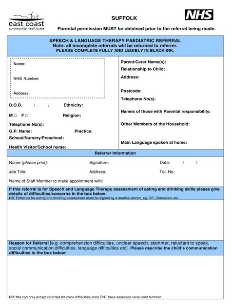 Fillable Online Eastcoastch Co Waveney Paediatric Referral Form East