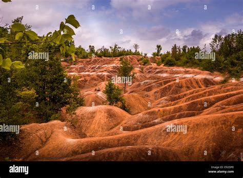 Cheltenham Badlands. Located in Caledon Ontario Canada this red colored soil is a result of iron ...