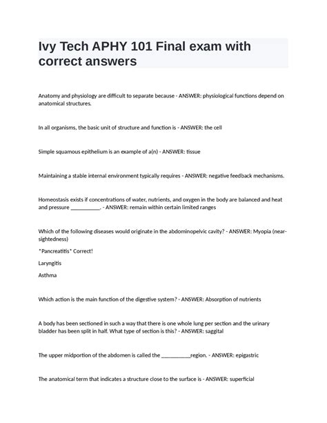 Ivy Tech Aphy Final Exam With Correct Answers Exams Nursing Docsity