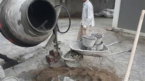 Concrete Mixing Technique With Cement And Sand With Concrete Mixer