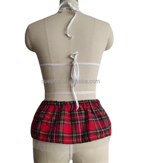 Women Sexy Lingerie Cosplay Student Uniform Mini Skirt And G Thong Set Mesh Triangle Bustier