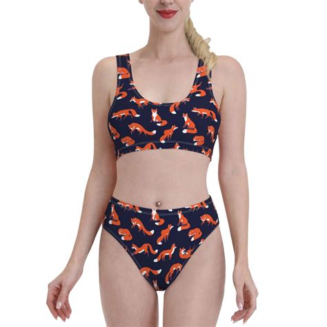 Logiee Foxes In Different Poses Print Women S Piece Bikini Set Halter Bathing Suit High