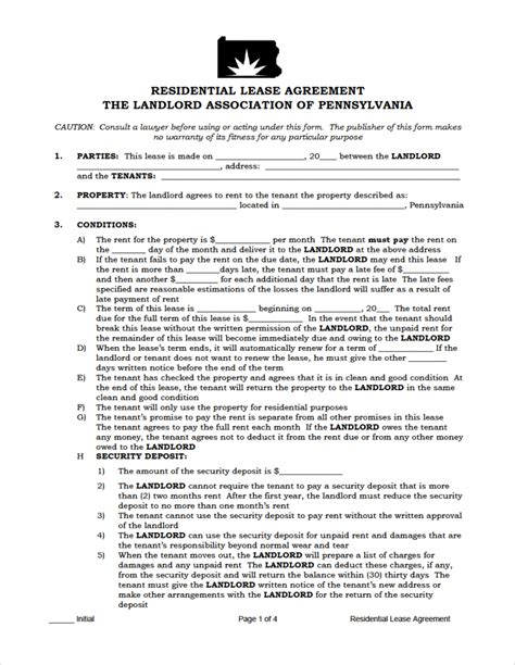 Free Pennsylvania Rental Lease Agreement Templates Pdf Word