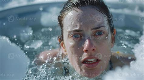 A Woman Bracing Herself As She Slowly Lowers Into An Outdoor Hot Tub Filled With Ice Water