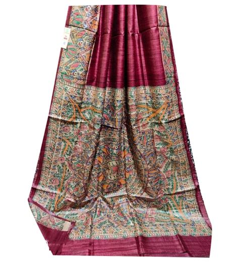 Party Wear Maroon Printed Tussar Ghicha Silk Saree 6 5m With Blouse