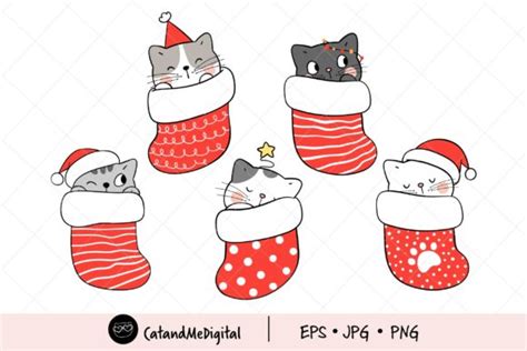 Christmas Cat In Red Sock Clipart Graphic By Catandme · Creative Fabrica