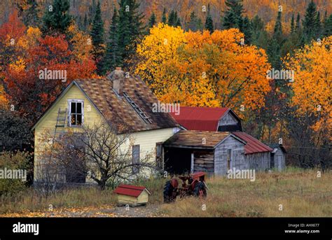 Old Abandoned Farm House Surrounded By Fall Colours Colors In Upper