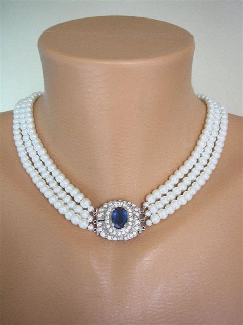 Sapphire And Pearl Necklace, Great Gatsby, Statement Necklace, Pearl Choker, Wedding Necklace ...