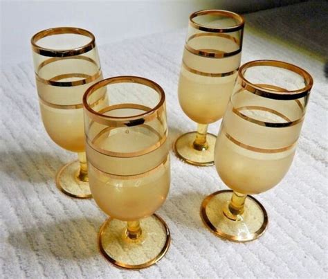 Vintage Amber Frosted Cordial Glass Gold Rimmed ~ Set Of 4 ~ Hand Blown Ebay