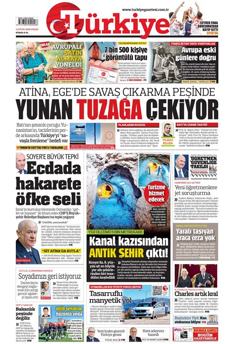 Türkiye Gazetesi 11 Eylül 2022 Pazar Günü Manşeti