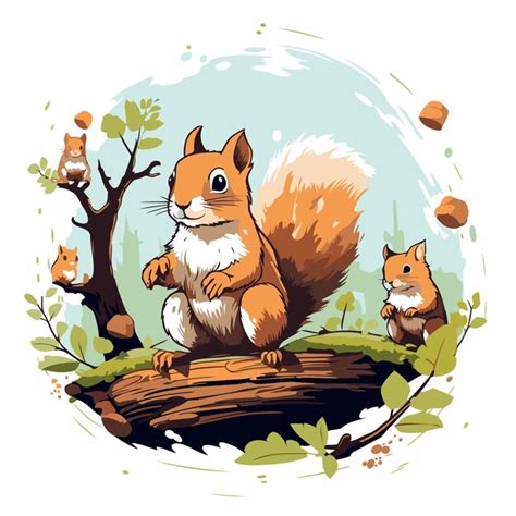 Premium Vector Squirrels On A Tree In The Forest Vector Illustration