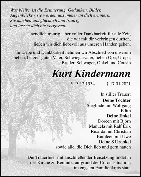 Traueranzeigen Von Kurt Kindermann Trauer Anzeigen De