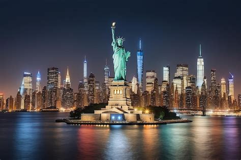 Manhattan panoramic skyline at night Statue of Liberty with Manhattan ...