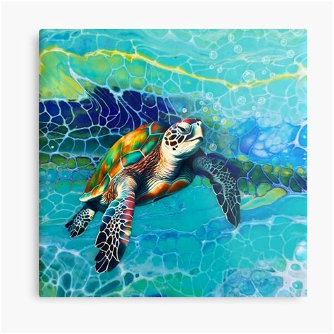 "Colorful Vibrant Sea Turtle on Acrylic Fluid Art Ocean Scene" Metal Print for Sale by ...