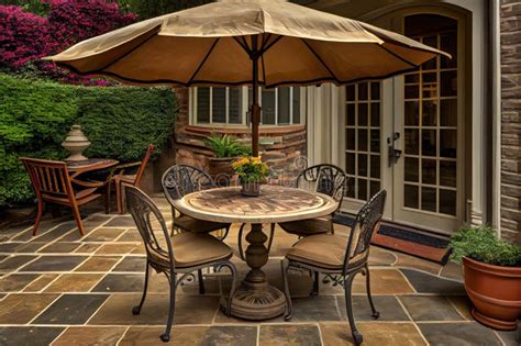 Classic Outdoor Patio, with Umbrella and Table for Four Stock ...