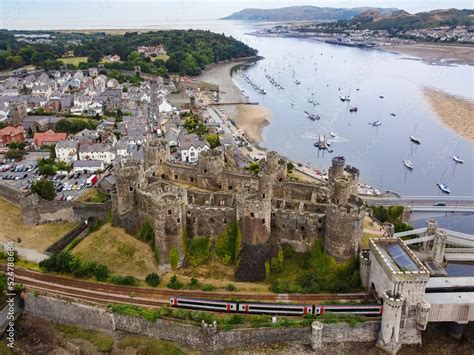 Aerial view of Conwy Castle in the town of Conwy in North Wales. It was ...