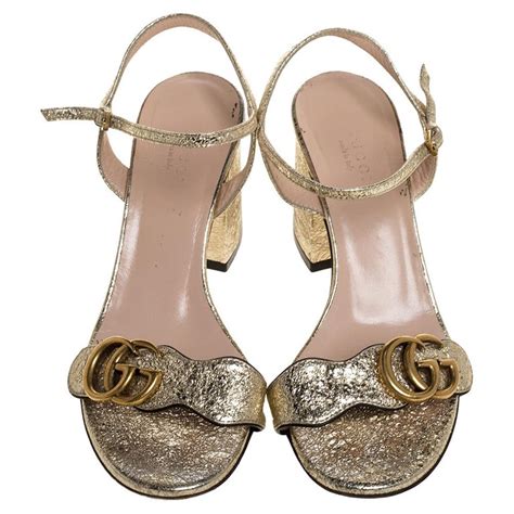 Gucci Metallic Gold Foil Leather Marmont Block Heel Ankle Strap Sandals