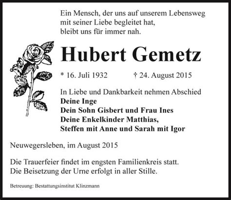 Traueranzeigen Von Hubert Gemetz Abschied Nehmen De