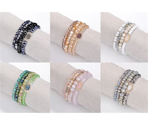 Wholesale 6 4 Pcs Set Layered Stretch Beaded Stackable Bracelet Hexagon