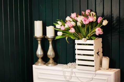 Premium Photo Fresh Colorful Tulip Flowers On Dark Stone Table