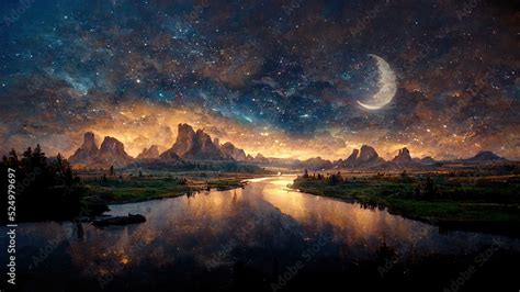 Beautiful Moon and River at Night with Mountains and Stars. Concept Art Scenery. Book ...