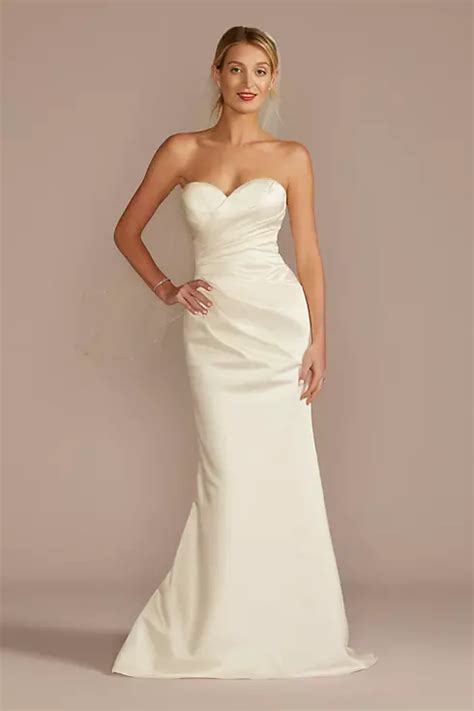 Satin Ruched Bodice Wedding Dress With Overskirt David S Bridal