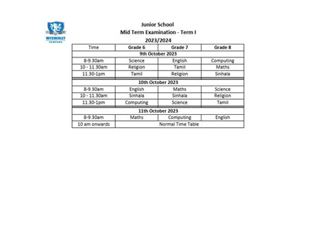 Grade 6 8 First Term Mid Term Examination Time Table 2023 2024 Pdf