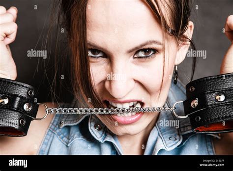 Arrest And Jail Criminal Woman Prisoner Girl Biting Chain Of Leather