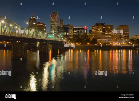 Portland Oregon Skyline Buildings And Bridge At Night Stock Photo Alamy