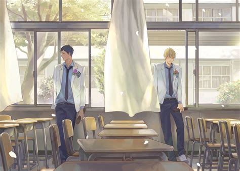 Safebooru 2boys Aomine Daiki Blonde Hair Blue Hair Chair Classroom Curtains Dark Skin Desk