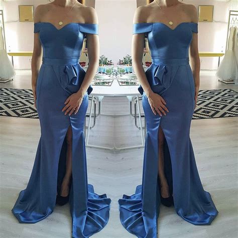 Blue Mermaid Prom Dress Off The Shoulder Side Slit Satin Prom Dresses Wedding Party Dress