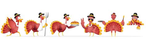 Cartoon Turkey Bird Wearing Pilgrim Hat In Different Activity