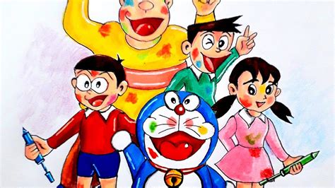 Cute Holi Drawing Doraemon All Characters Drawing How To Draw Doraemon