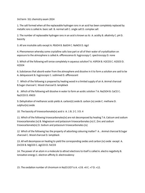 3rd Term Ss1 Chm Exam 2024 Download Free Pdf Chemical Bond