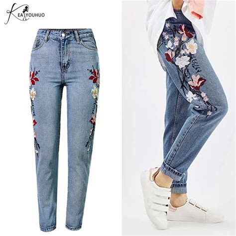 2019 Embroidered Jeans For Women Flower Joggers Women Pencil Denim