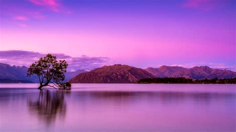 Landscape Of Mountains And Body Of Water Under Purple Sky HD Nature ...