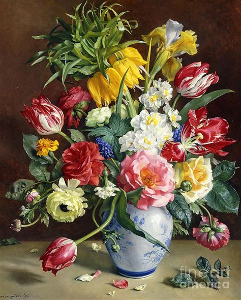 Flowers In A Blue And White Vase Painting By R Klausner