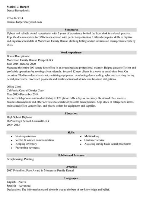 Dental Receptionist Resume Examples Job Description Tips